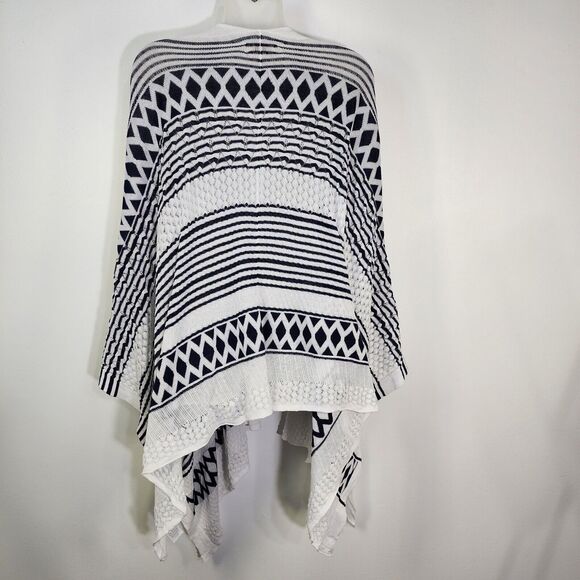 LOFT Outlet Womens Shawl Cape Black White Stripe Geometric Open Knit One Size - Picture 2 of 11